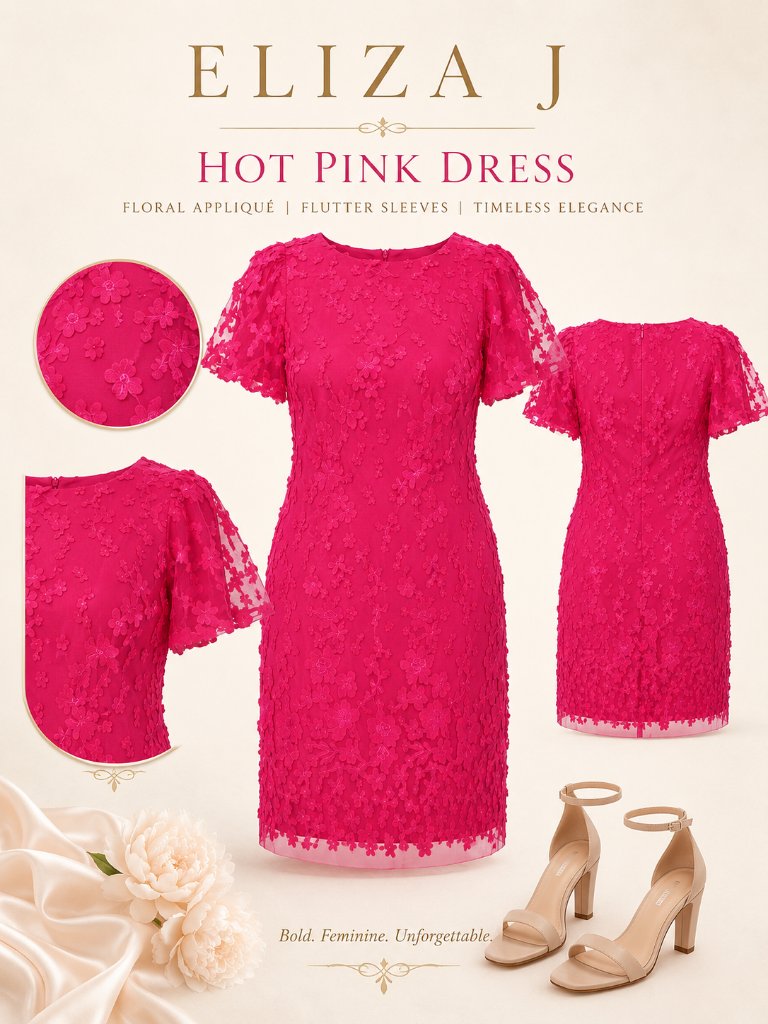 Eliza J Hot Pink Puffed Sleeve 3d Floral Shift Dress 16w Nwt
